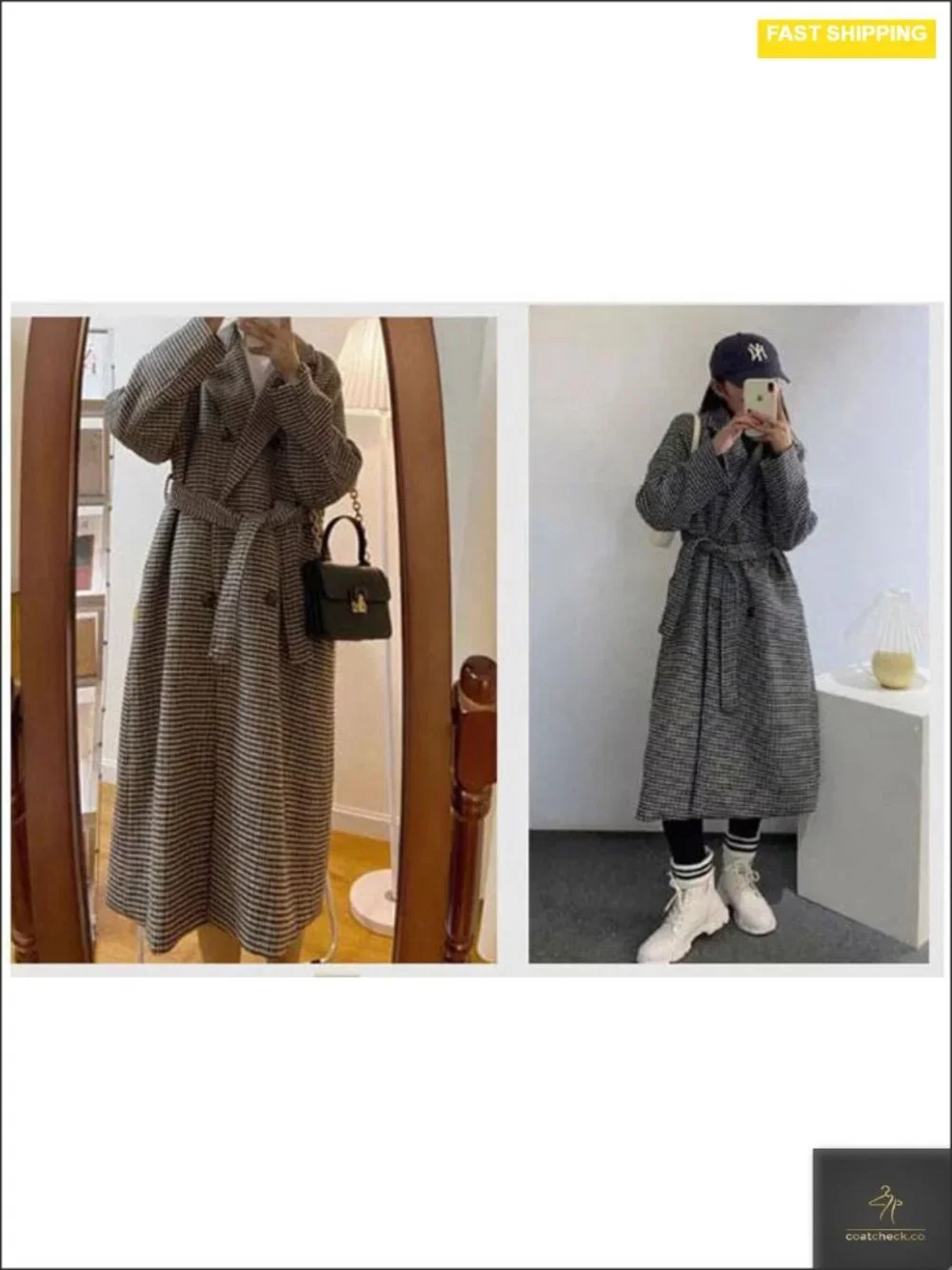 Women's Plaid Tweed Blazer Trench Coat Double Breasted Belted Midi Pea Coat